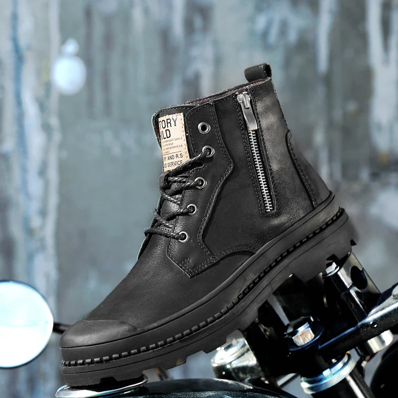 

New Luxury Mens Snow Boots Genuine Leather Punk Shoes Winter Warm Plush Motorcycle Male Footwear Military Tactical Boots for Man