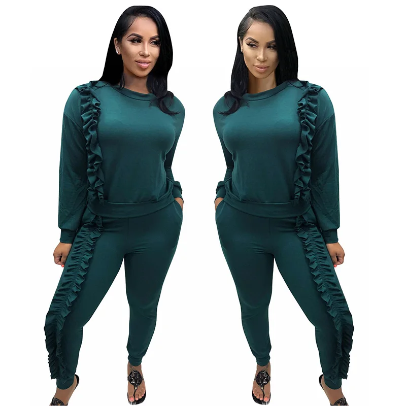 Echoine 2019 New Autumn Ruffle Casual Two Pieces Set Sportwear Suit O-Neck Long Sleeve Womens Tracksuit Solid 3 Color |