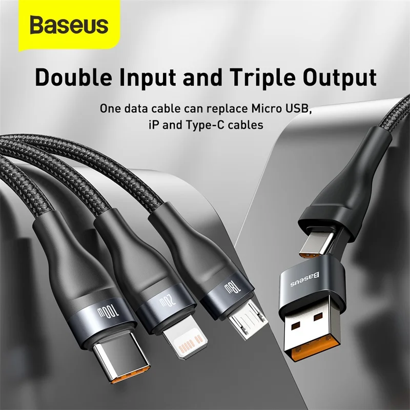 baseus 3 in 1 usb cable for iphone 13 12 pro max 100w fast charging micro usb type c cable for macbook pro samsung xiaomi free global shipping