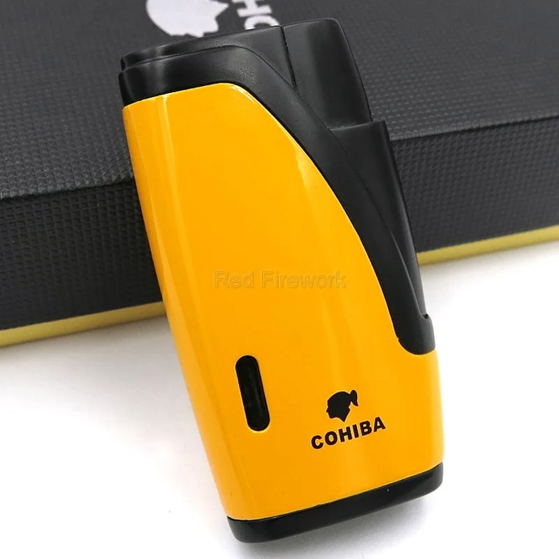Yellow And Black COHIBA бренд Металл 2 струи пламени горелки сигарная Зажигалка Ветрозащитная фонарь зажигалки, сигареты Зажигалка с Прикуриватель& Подарочная коробка - Цвет: Yellow And Black