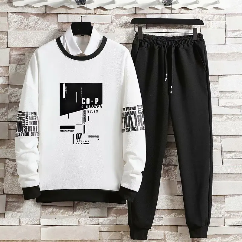 

Spring and autumn men's casual sports suit round neck long-sleeved T-shirt + two-piece cotton and linen trousers with tie feet