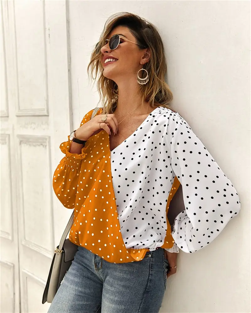 Женская сексуальная однотонная Лоскутная футболка в горошек с v-образным вырезом