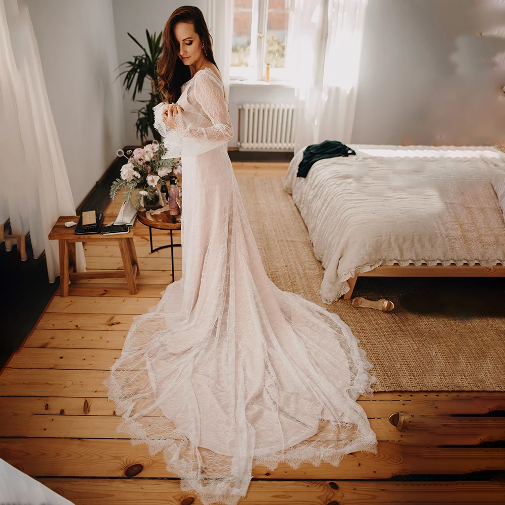 

Sheer Lace Wedding Party Dress Scoop Long Sleeves Personalised Romantic Garden Open Back Country Beach Photograpy Bridal Gown