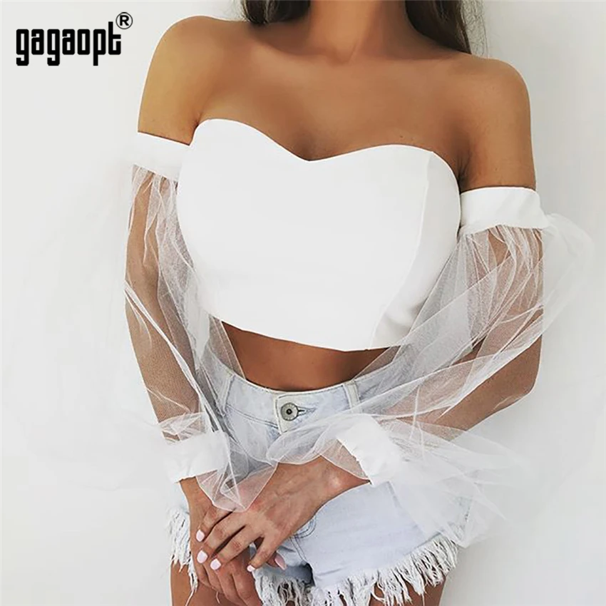 Gagaopt короткий топ с открытыми плечами женские осенние рубашки с длинными рукавами Женская Сексуальная Блузка для вечеринок