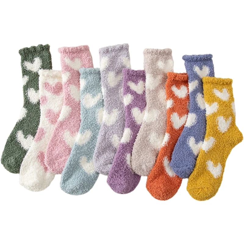 10 Pairs Women Winter Thick Coral Velvet Fuzzy Slipper Socks Sweet Heart Jacquard Candy Color Cozy Warm Home Sleeping Hosiery Gi |