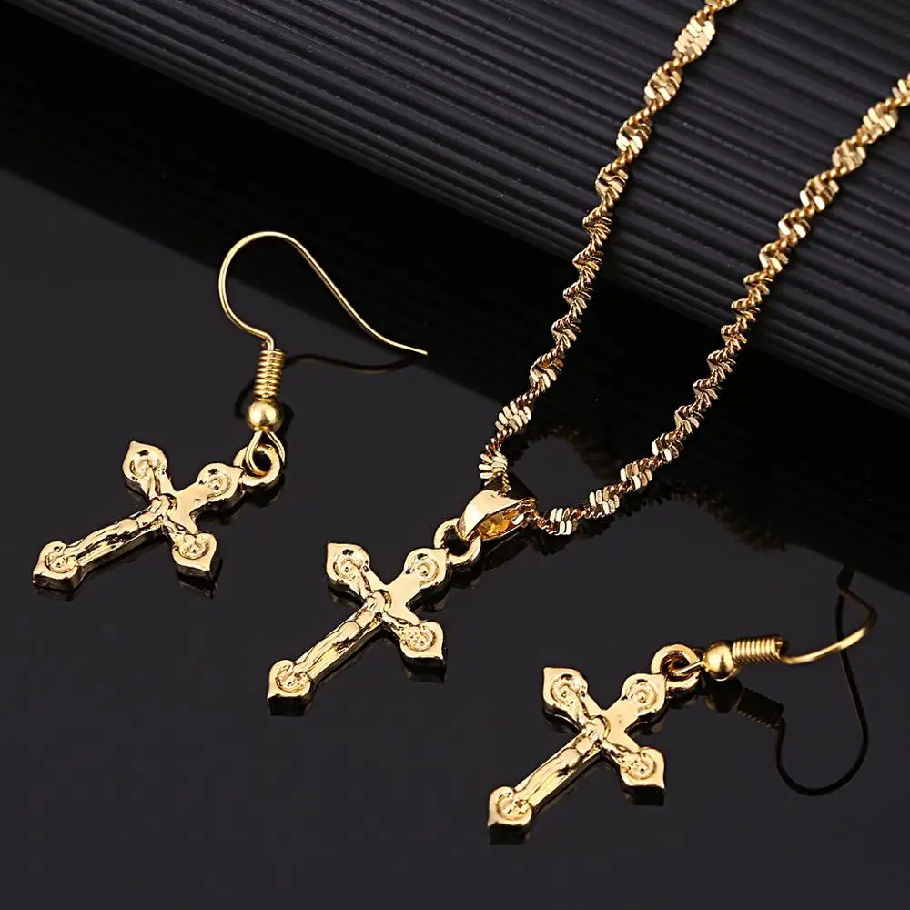 Эфиопский золотой цвет Шарм Крест Иисуса набор для женщин Девушка специальный