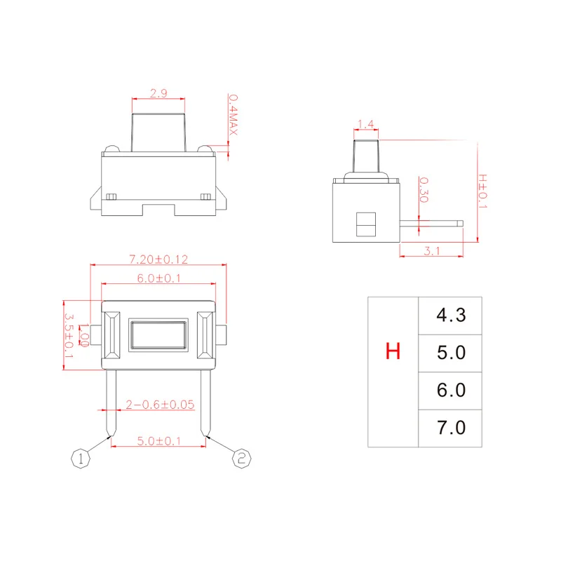 Бесплатная shippingTS-B015 переключатель такт 3*6*4 3 боковые два фута 3x6x4 боковая вилка 2