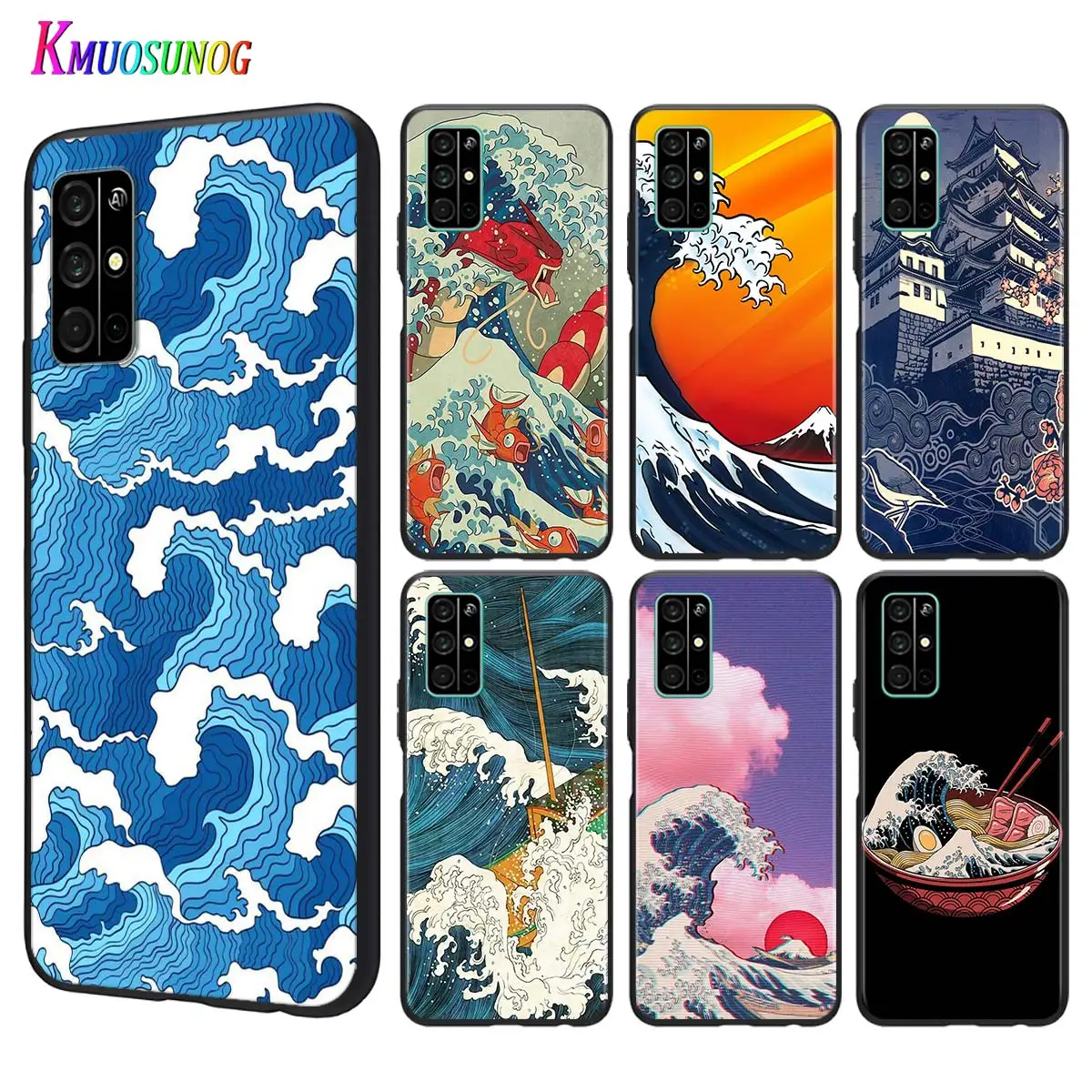 Силиконовый черный чехол с рисунком японской волны для Huawei Honor 9A 9C 9S 9X Lite 10 10i 20 V20 20S