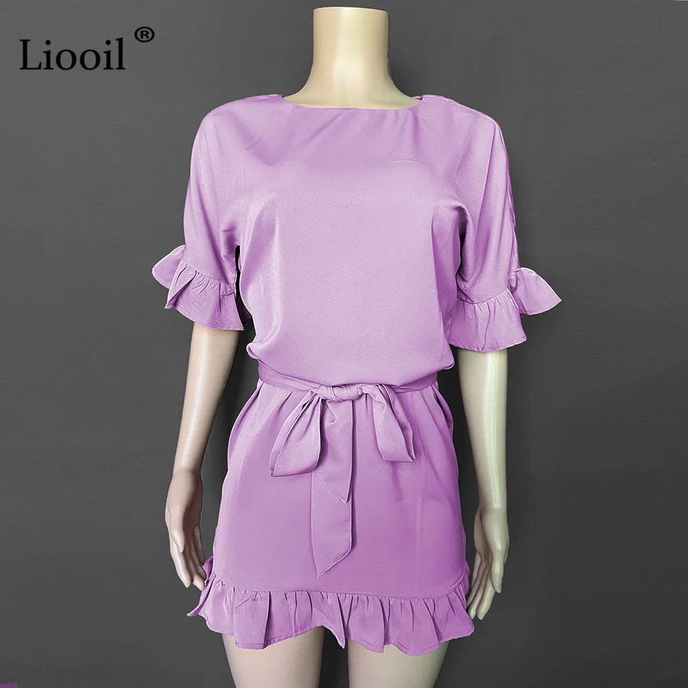 

Ruffle Lace Up Mini Dress Women 2021 A Line Summer Butterfly Sleeve O Neck Ladies Casual Solid Color Streetwear Pullover Dresses