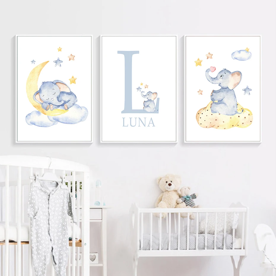 

Room Decor Blue Elephant Moon Stars Personalized Baby's Name Custom Posters Nursery Canvas Painting Wall Art Print Pictures Kids