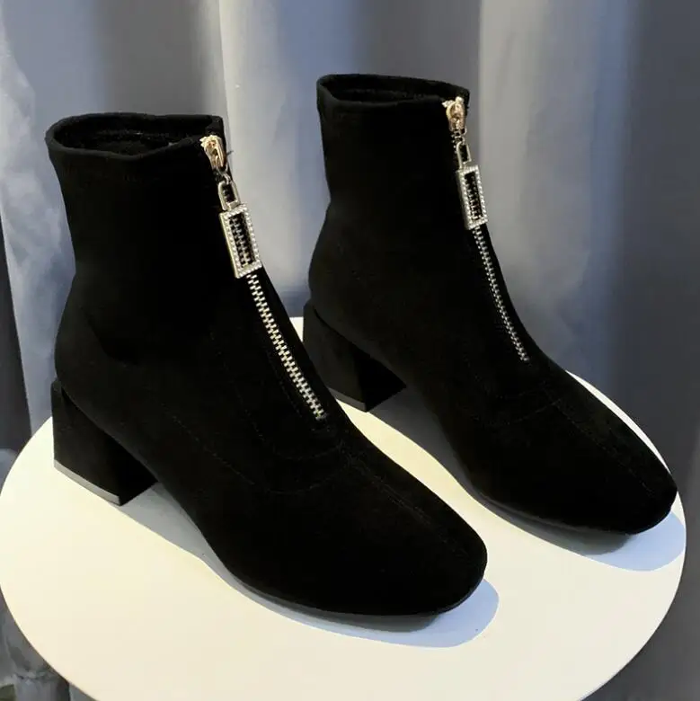

Women's Boots Pointed Toe Yarn Elastic Ankle Boots Thick Heel High Heels Shoes Woman Female Socks Boots 2020 Spring