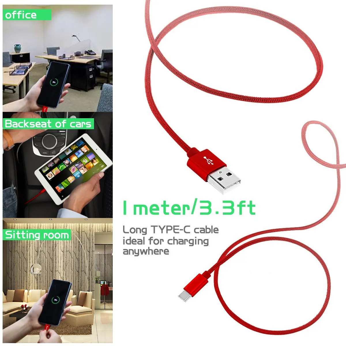 Кабель USB Type C для быстрой зарядки красный провод SAMSUNG S10 A40 A50 M20 Xiaomi Mi 9 Leagoo S9 Xperia XA1 XZ