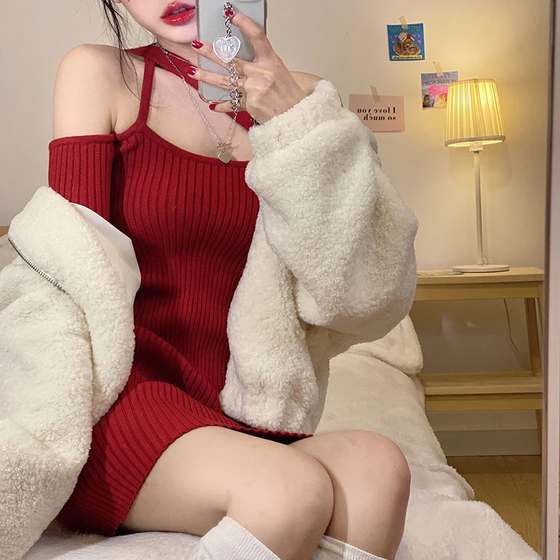 Винно-Красное вязаное платье с лямкой на шее корейское облегающее платье-свитер