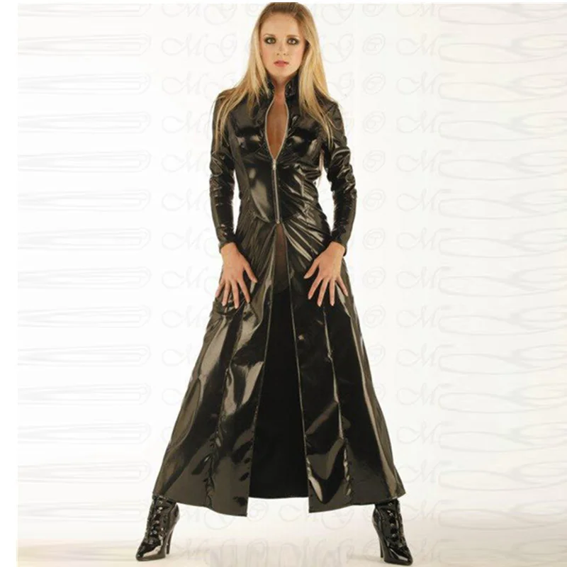Новинка, сексуальное женское виниловое Клубное черное пальто из искусственной кожи с длинными рукавами, готическое длинное пальто для мужч... от AliExpress WW