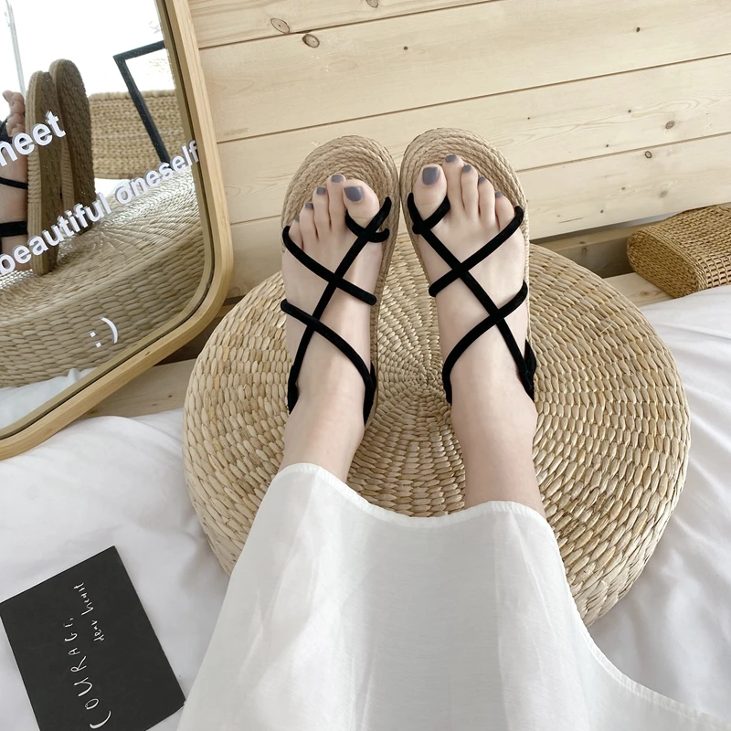 

DLEK Comfort Back Strap Flock Summer Spring Breathable Female Sweet Summer Women Sandals Cross-tied Vocation Flat Shoes