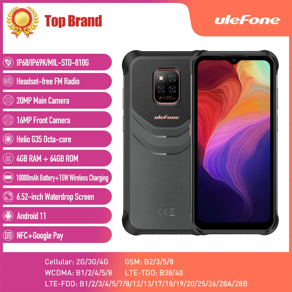 Global Version Ulefone Power Armor 14 10000 mAh Android 11 4GB+64GB Rugged Phone NFC Waterproof Smartphone