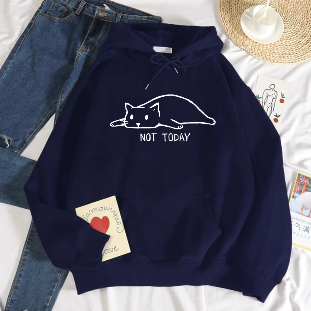 

Толстовки ленивые с белым котом, не сегодня, Женские Спортивные Повседневные пуловеры, приятный на ощупь крутой свитшот, Флисовые женские т...