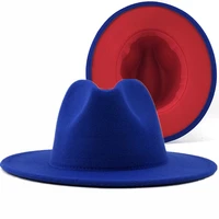 simple outer blue inner red wool felt jazz fedora hats with thin belt buckle men women wide brim panama trilby cap 56 58 60cm