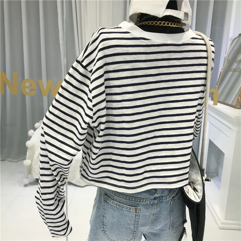 

Women O-neck Long Sleeve T Shirts Lady Stripe Cotton Tops Female Soft Casual Tees Women's Black T-shirt Short Full Jersey