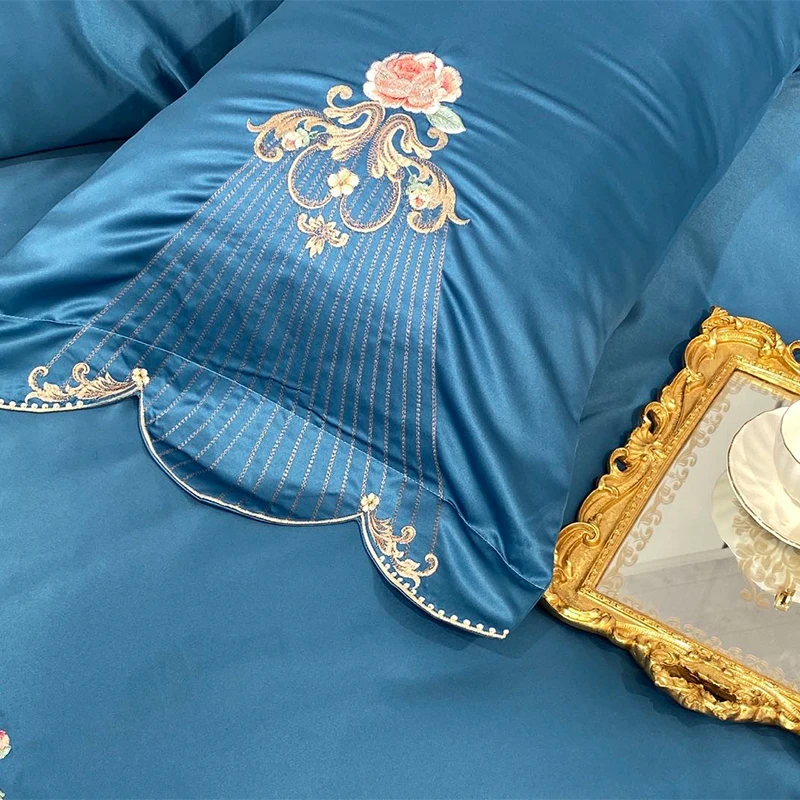 

Luxury Blue White Red Europe Palace Breathable Bedding Set Satin Silk Cotton Floral Embroidery Duvet Cover Bed Linen Pillowcases