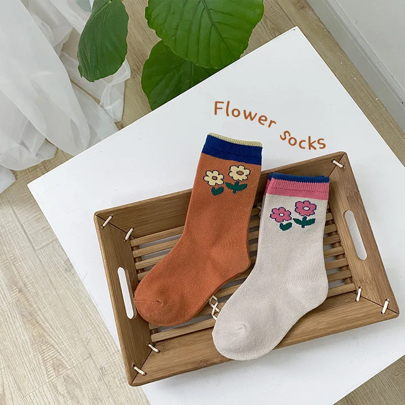 

2Pairs/lot New Children's Socks Korean Cute Flower Spring Autumn Cotton Baby Socks Retro Color Girls Princess Socks