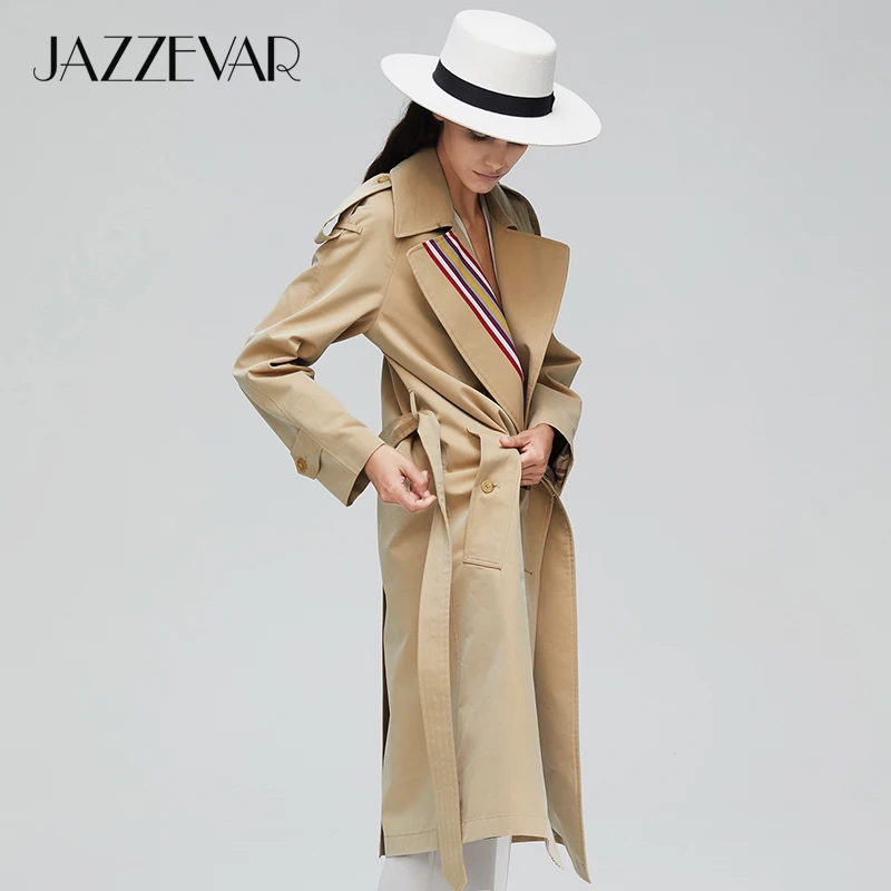 JAZZEVAR, Новое поступление, Осенний Тренч цвета хаки, женское повседневное модное хлопковое длинное пальто с поясом высокого качества для женщин 9004-1