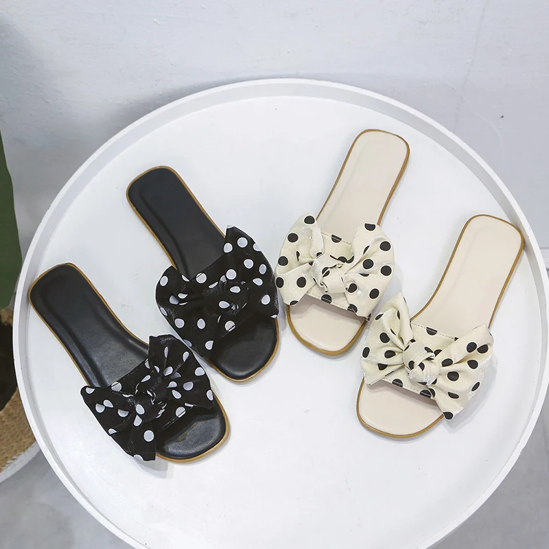 

2021 Women Slippers Black White Spots Fashion Bow-knot Office Flat Shoes Summer Open Toe Sandals Summer Sell Well Women Shoes