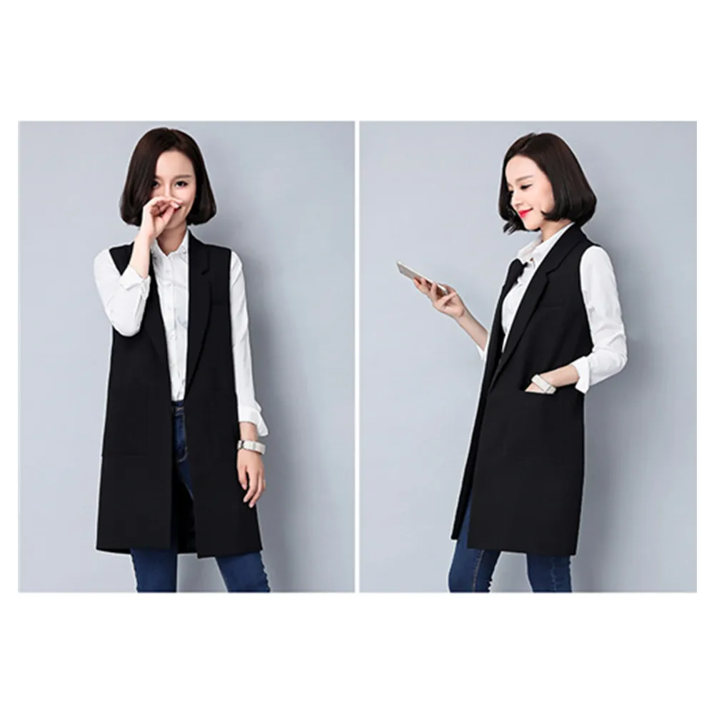 

New Women Spring Solid color Female V-Collar Suit Long Cardigan Blazer Vest Waistcoat Sleeveless Jacket Coat
