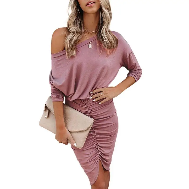 

Spring and summer2021fashion new European and American women's skirts long sleevesround collar hip fold sexy irregulardresswomen