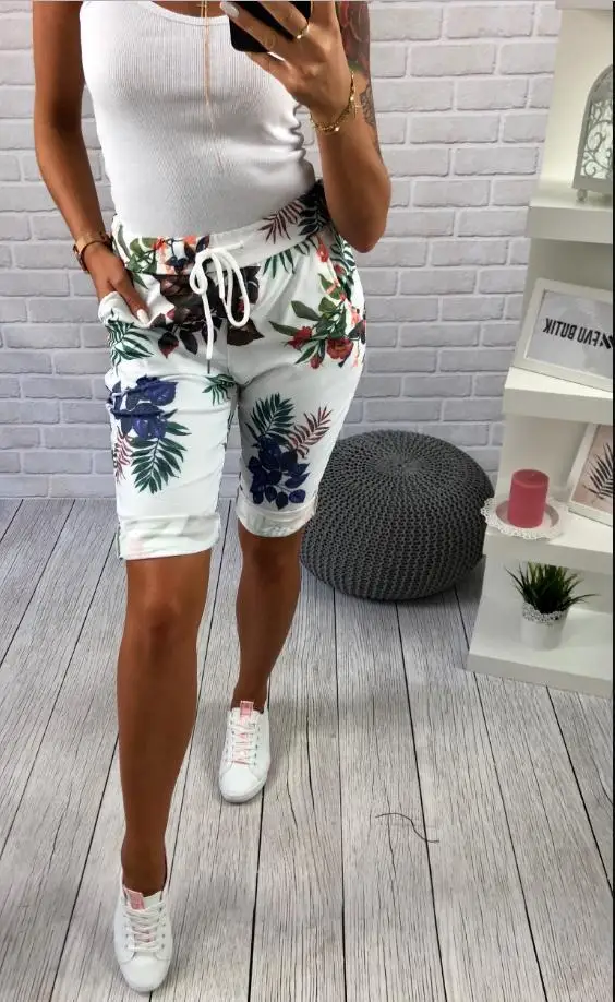 2019 летние модные женские шорты облегающие с цветочным принтом эластичной