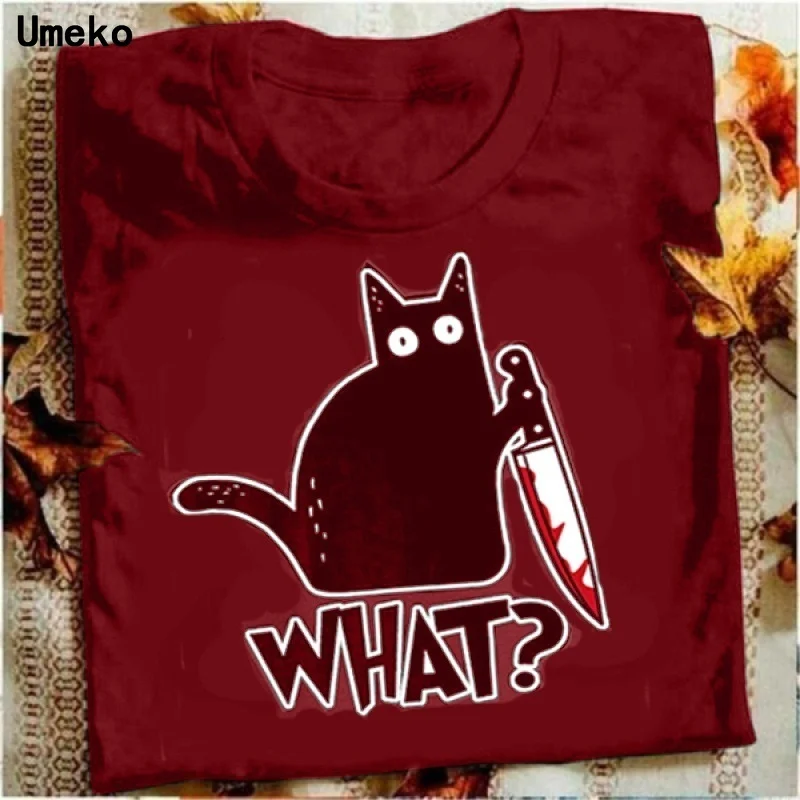 Новинка черная кошка что футболка убийца нож Женская забавная короткий рукав