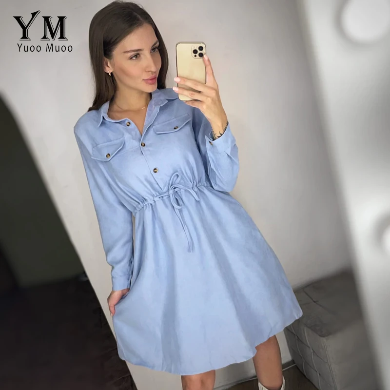 Женское платье-рубашка с карманами YuooMuoo винтажное ТРАПЕЦИЕВИДНОЕ ПЛАТЬЕ-миди на