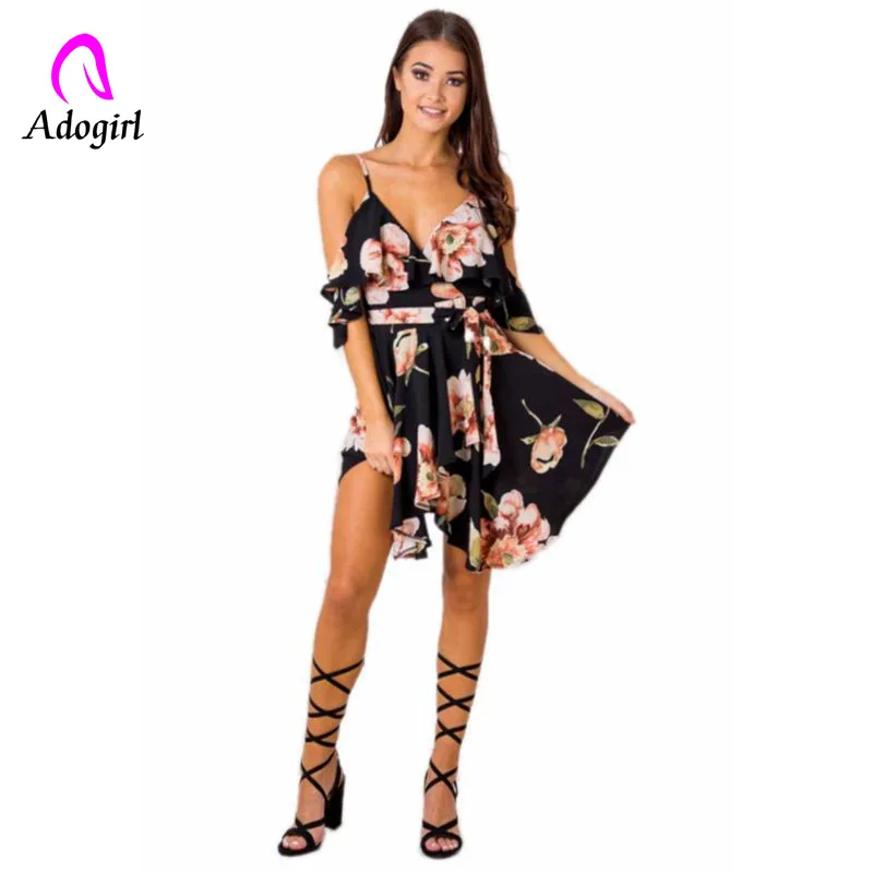 Женское шифоновое платье на бретельках элегантное короткое с цветочным принтом V