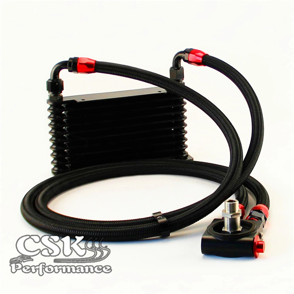 

10AN 32MM 10 Rows Universal Engine Oil Cooler+Thermostat Sandwich Plate Black