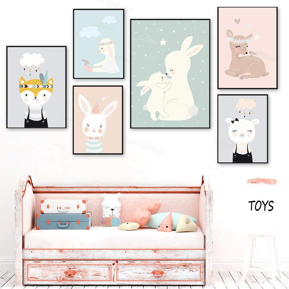 

Rabbit Deer Cat Pig Nursery Wall Art Canvas Painting Cartoon Nordic Posters and Prints Wall Picture for Girl Boy Kids Room Decor