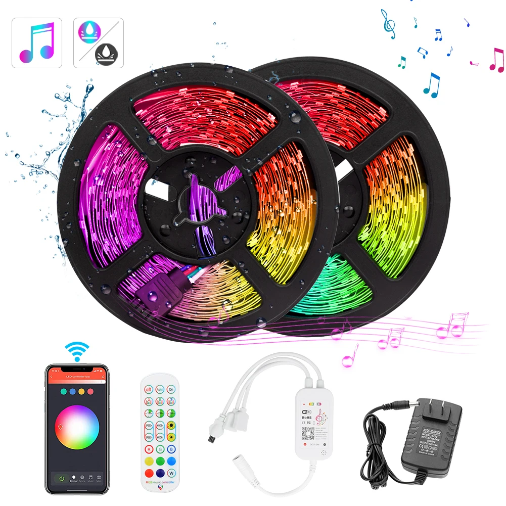 

EU Adapter APP Remote Control with battery 5M Flexible Tape Works Wifi Smart RGB Waterproof 2835/5050 LED Strip Light Kit DC 12V