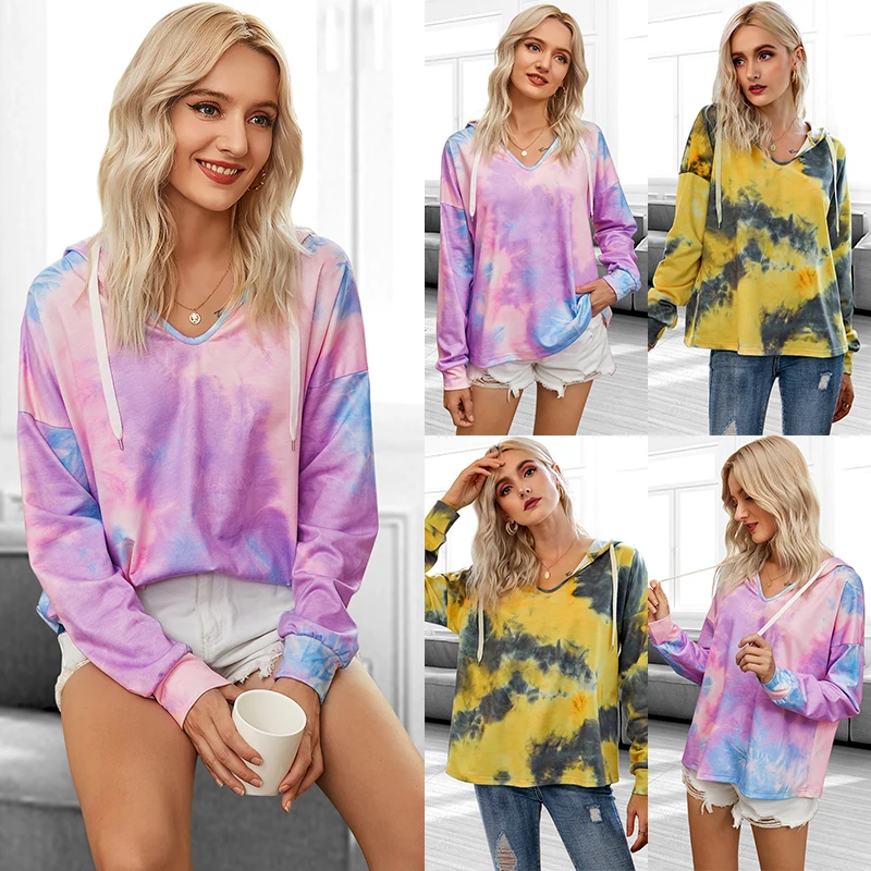 

2020 Spring And Autumn Tie-dyed Print Hip Hop Pullover Women's Hooded Hoodies Streetwear Women's Sweatshirt Basic Autumn Clothes