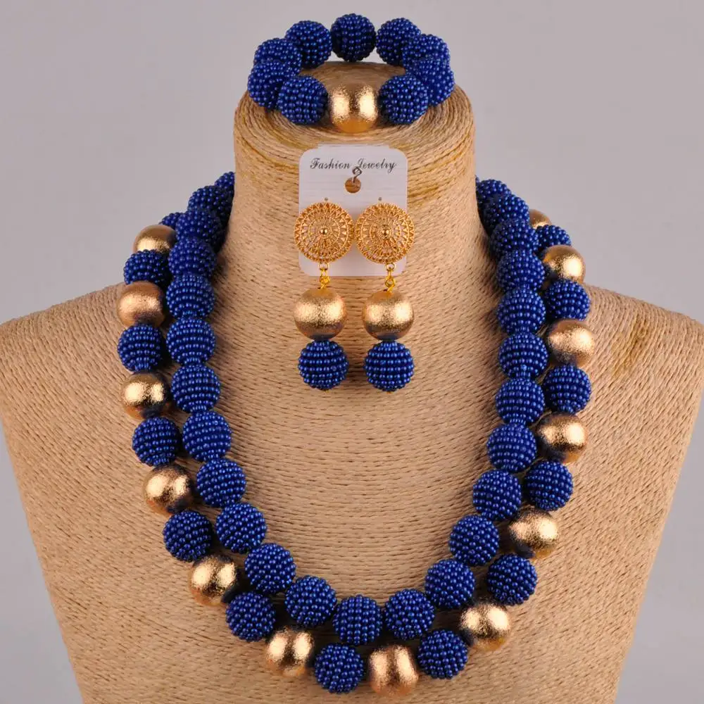 

24inches royal blue african necklace beads jewelry set simulated pearl nigerian traditional wedding jewelry set FZZ75