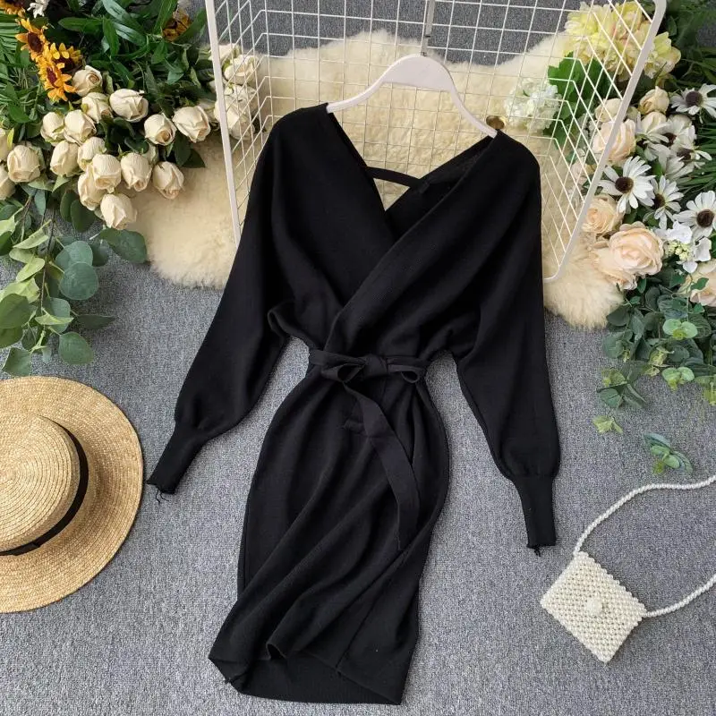 

Women Knitted Sweater Dress Long Batwing Sleeve V Neck Slim Elastic Dress Autumn Winter Elegant Warm Bodycon Dress