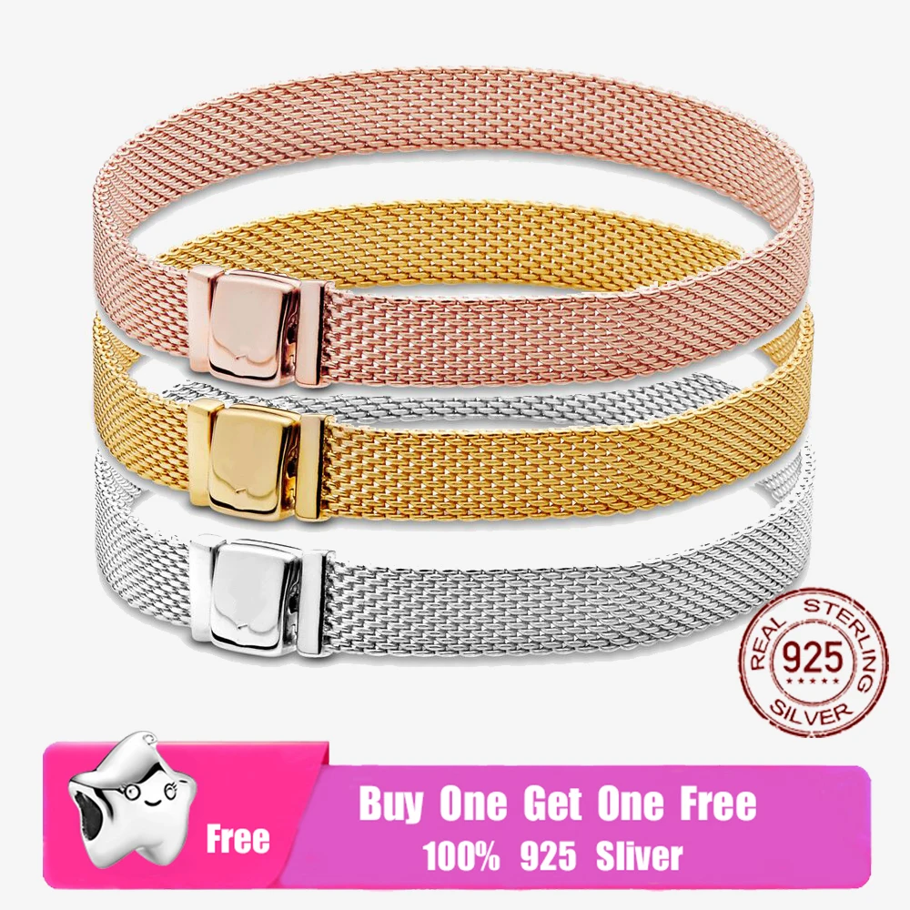 

2021 New 925 Sterling Silver Rose Gold plated Reflexions Mesh Bracelet Fit Original Sliver Charm For Women DIY Jewelry Gift