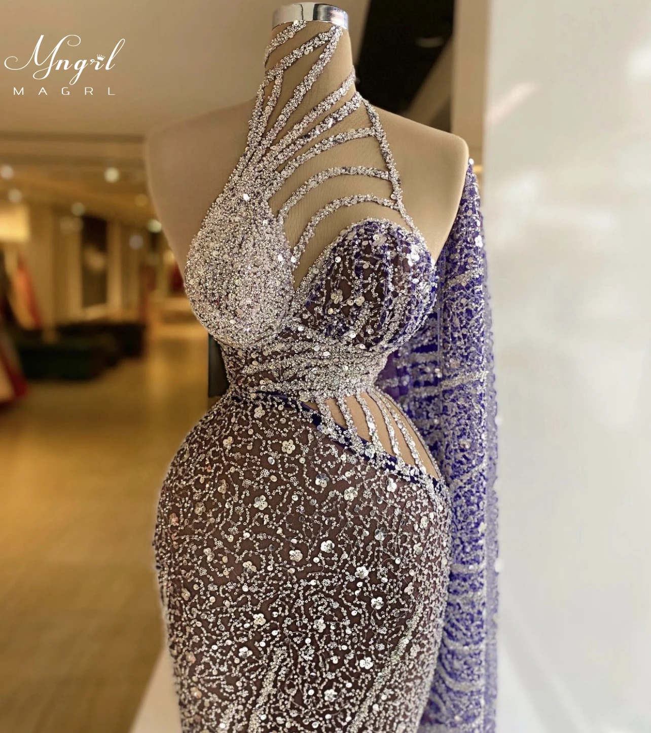 

MNGRL Luxury Evening Dress One-shoulder Long Sleeves Hand-applied Diamonds Glittering 2021 New Evening Dress Party Dress
