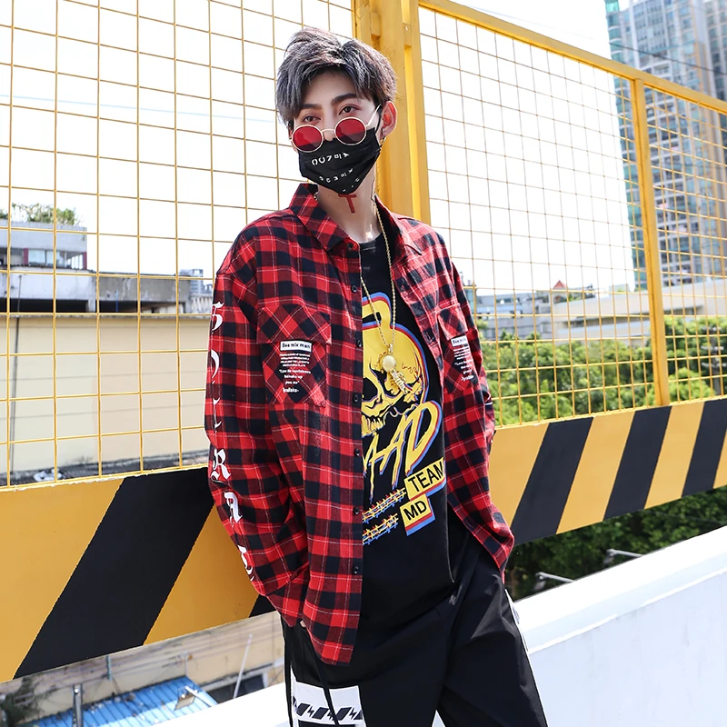 Клетчатая Мужская рубашка роскошная с длинным рукавом в клетку стиле хип хоп