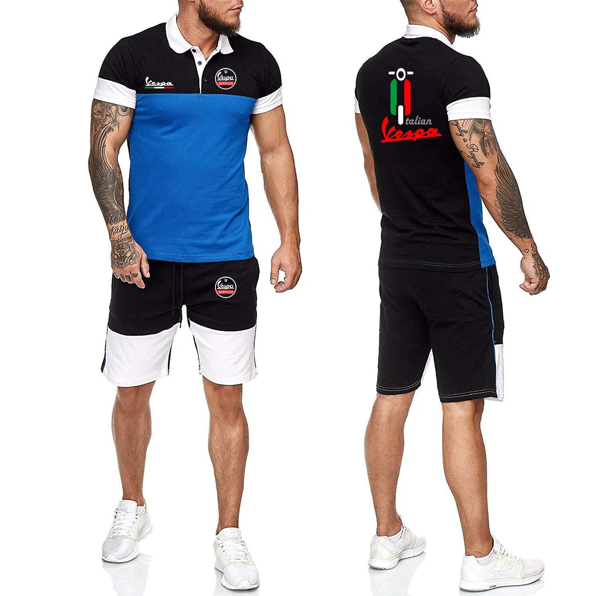 

2021 New Style Vespa Logo Summer Men's Patchwork Lapel Polo Shirt + Shorts 2 Pieces Sets Casual Sports Suit 4 Colors