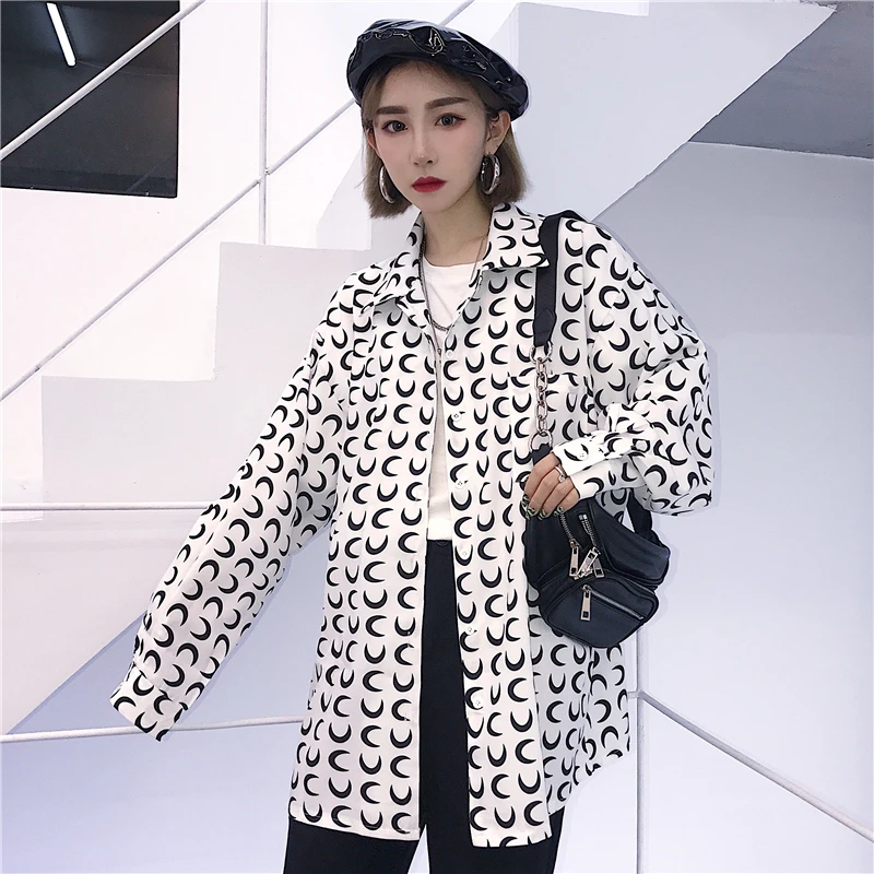

Women's Clothing Korean ins harajuku print Blouses streetwear casual loose long sleeve turn-down collar Shirts spring autumn new