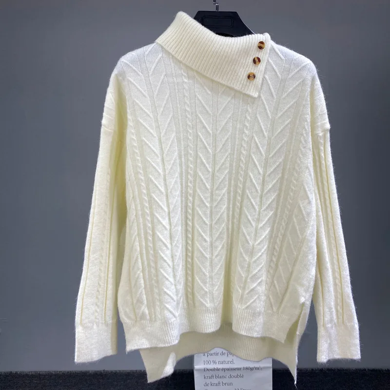 

Womens new year streetwear Button Turtle Cowl Neck Asymmetric Hem Wrap Pullover Sweater Tops A246