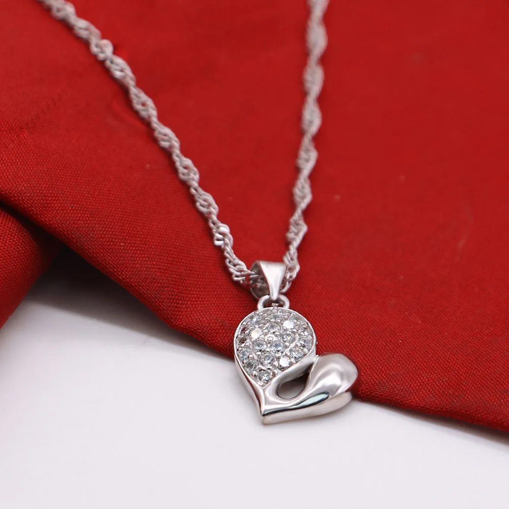 

Sweet Girl S925 Sterling Silver Necklace Heart Pendant Original Silver Wave Chain 41-46CM Women's Charm Jewelry Chokers Necklace