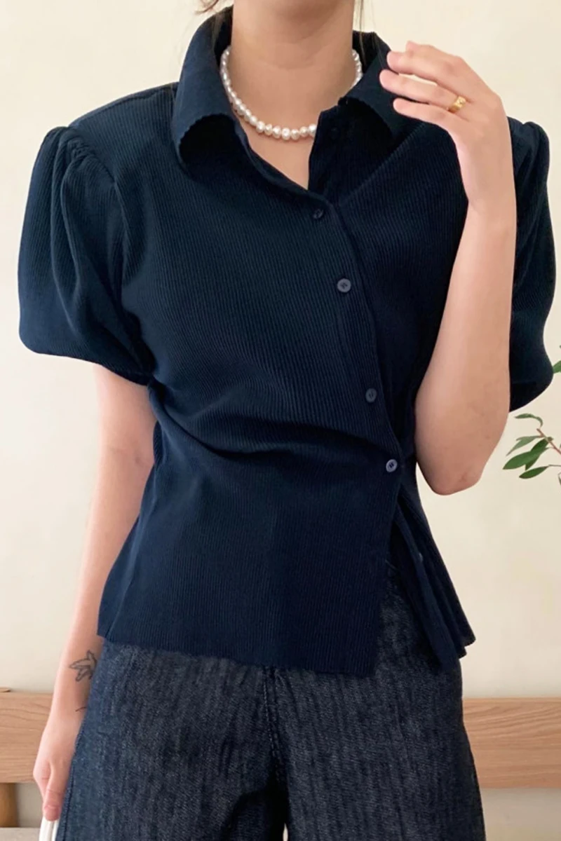 

Korejpaa Women Shirt 2021 Summer Korean Chic Niche Temperament Basic Puff Sleeve Irregular Buttons Lapel Beveled Edges Blouses
