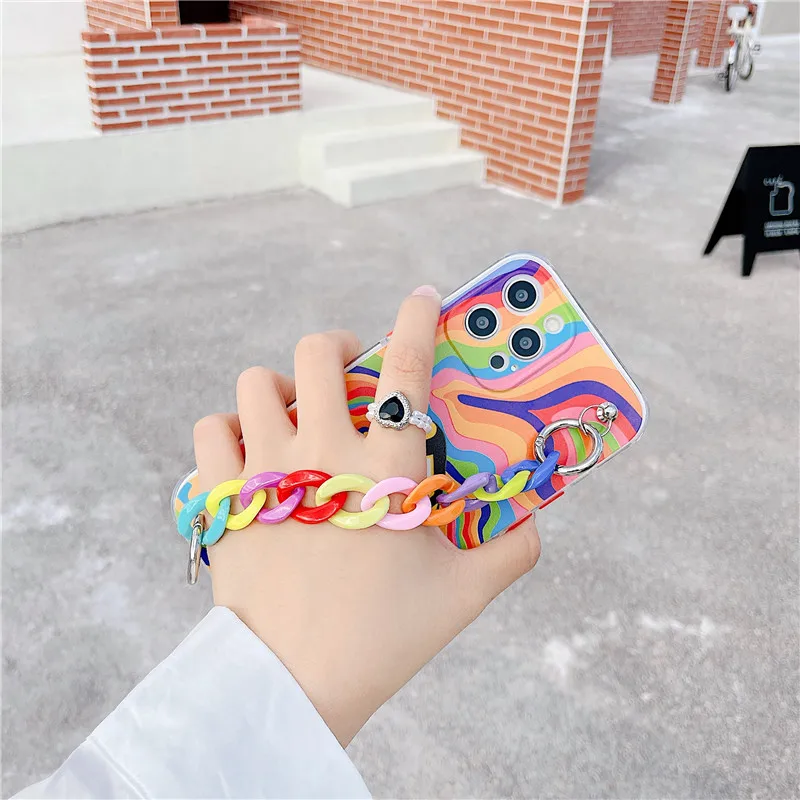Роскошные брендовые чехлы для телефона на запястье Rainbow для iPhone 12 11 Pro Max MiNi X XS XR 7 8 Plus SE 2020 с мягкой задней крышкой.