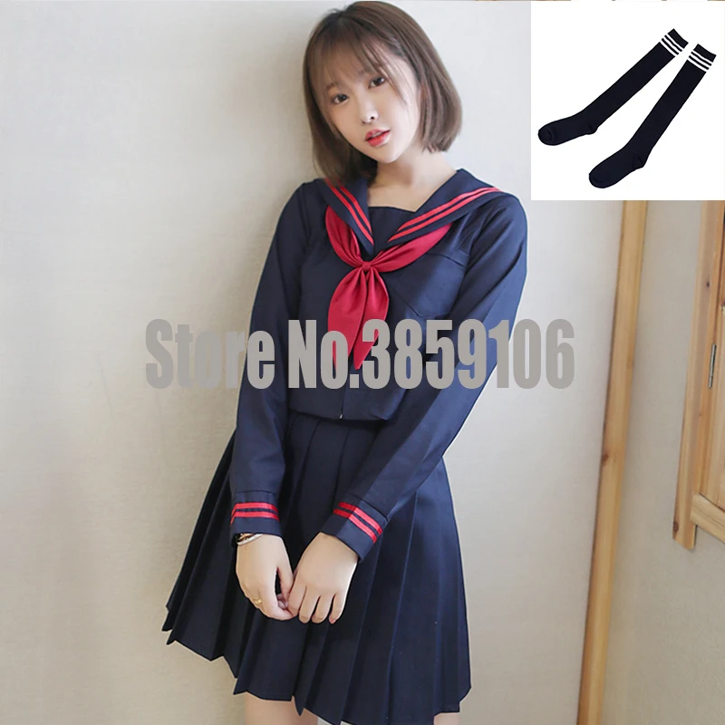 Long Set With Socks UPHYD в японском стиле школьная униформа для девочек-подростков с рисунком из аниме Косплэй Kawaii школьная форма, S-2XL матросские Костюмы 3 шт./компл - Цвет: Long Set With Socks