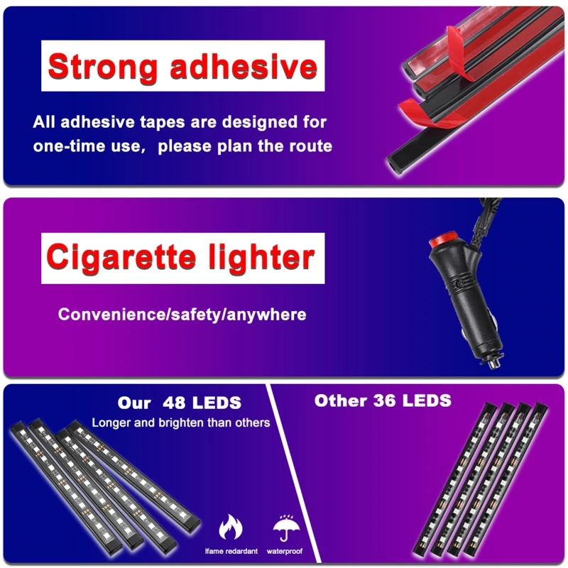 

48LED Car Decoration Light Interior Atmosphere Light RGB LED Strip Light With USB/Cigarette lighter Remote Control Music